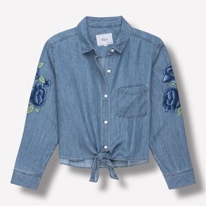 RAILS Val Floral Patch Embroidered Blue Denim Button-Down Tie-Front Blouse- XS